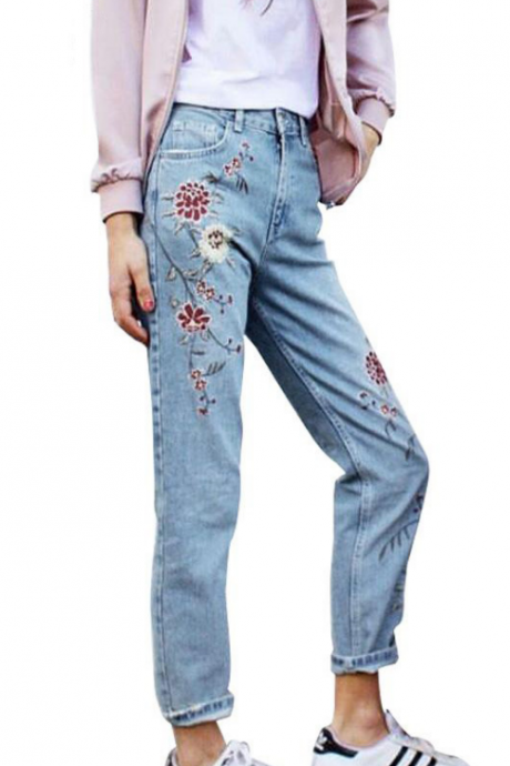 Floral Embroidered High Rise Straight-cut Jeans