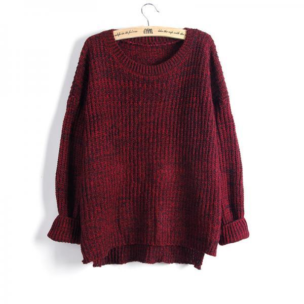 Knitted Crew Neck Long Foldable Sleeves Sweater Featuring High Low Hem ...