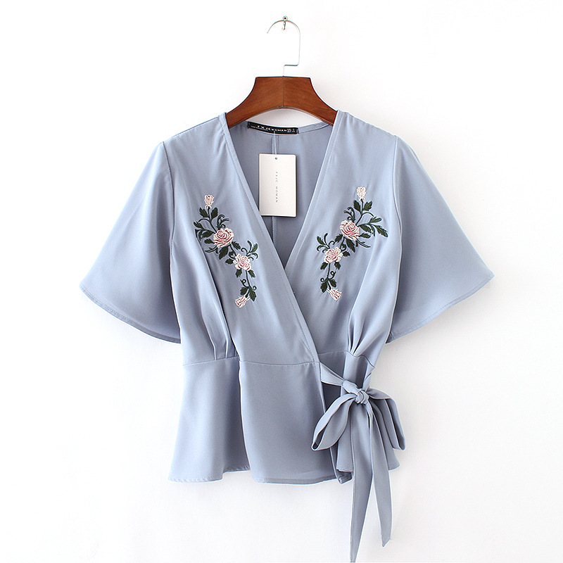 Light Blue Floral Embroidered Plunge V Short Sleeved Tie-front Blouse ...