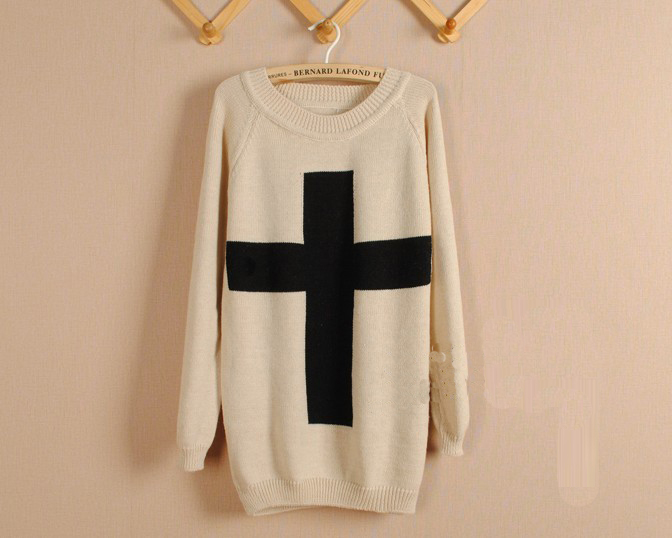 Beige Cross Pullover Long Sleeve Sweater DS72013G on Luulla